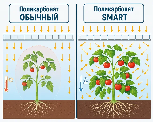 Распределение света в теплице: обычный поликарбонат и поликарбонат SMART